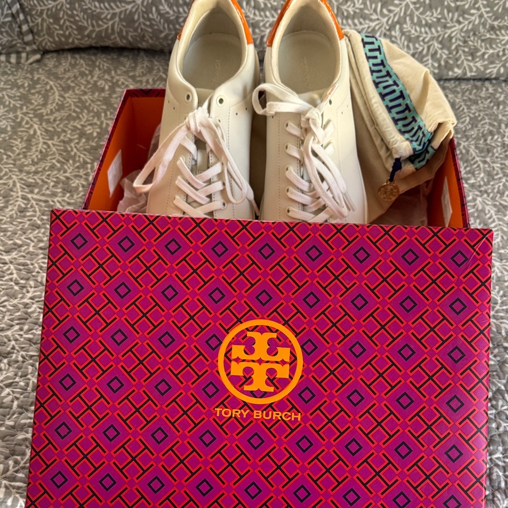 NWT Tory Burch Howell Court Sneakers with Orange Accents a decorative laces